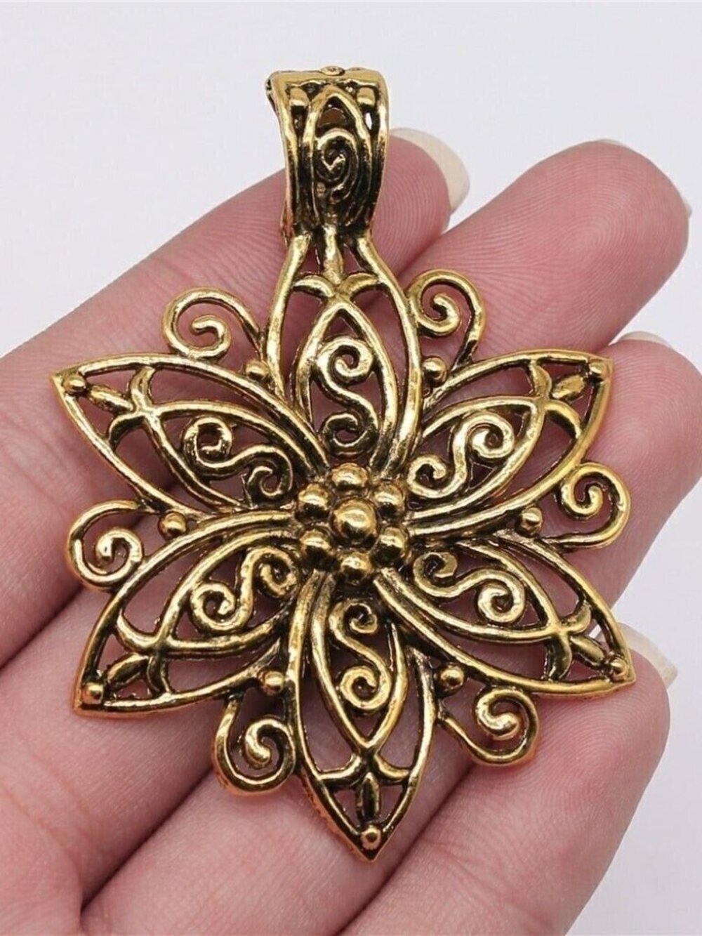 Art Nouveau Antiqued Gold Plated Filigree Flower Big Pendant with Slide Bail